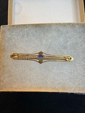 Art Deco 10K Gold Pearl Pin: Antique Blue Stone Brooch